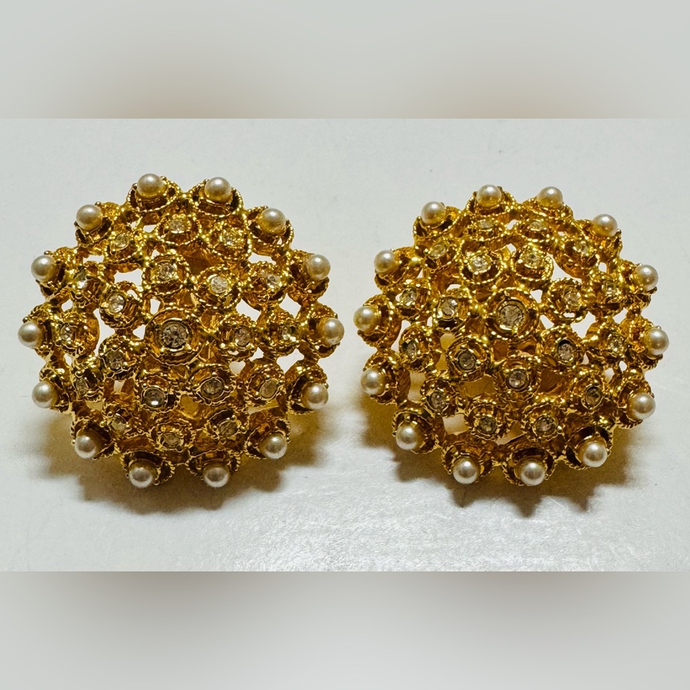 Vintage Coro craft rhinestone and faux pearl gold tone dome earrings